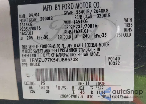 2004 Ford Explorer Sport Trac Adrenalin/Xls/Xlt from USA, damaged, VIN 1FMZU77K54UB85748